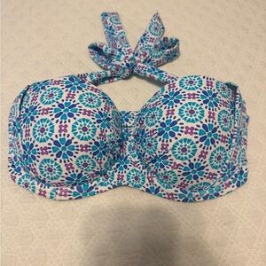 Lands' End Blue and Purple Patterned Bikini Top halter style balconette w/ pads